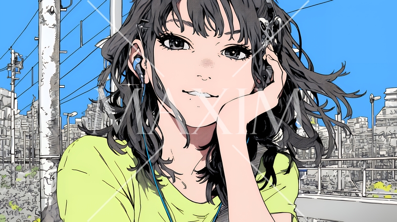 頬杖をついて微笑んでいる若い女性