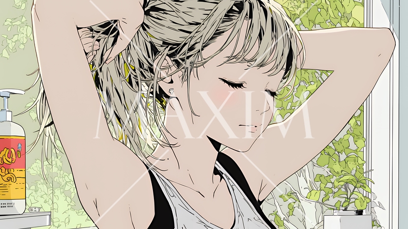 朝支度：洗面所で髪をまとめている若い女性