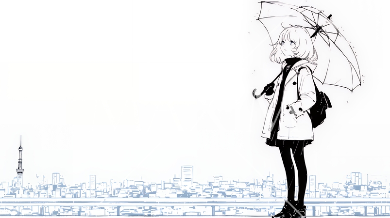 雨の中を歩く女性（シンプルな色使い）