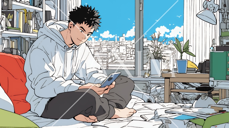 自宅の部屋でスマホをいじくっている若い男性