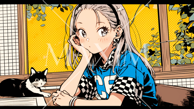 飼い猫と一緒に思案中の少女