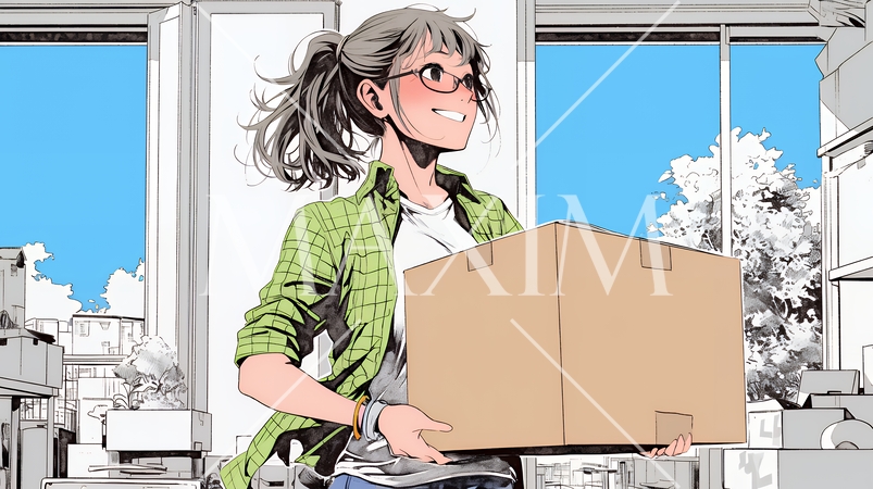 引っ越しの荷造り・荷解きをしている若い女性