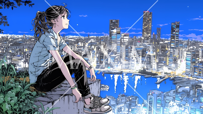 都市の夜景を眺めている女性