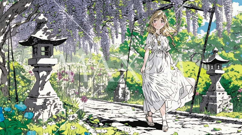 満開の藤の花の下を歩いている若い女性