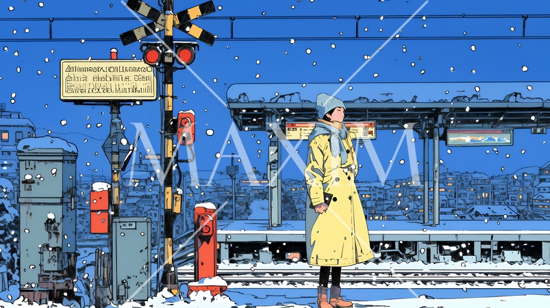 雪の降るホームで電車待ちをしている若い女性