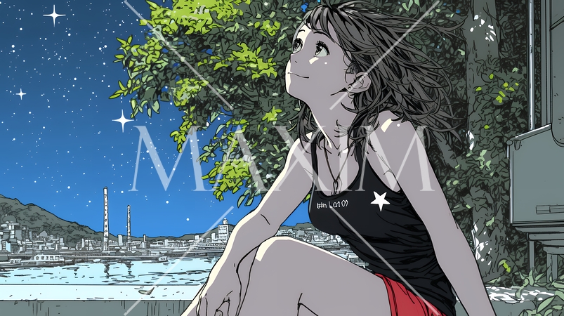 星空を眺めている若い女性