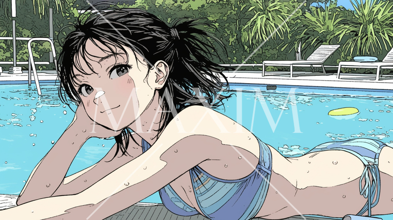 南国のリゾートホテルのプールにビキニ姿でいる若い女性