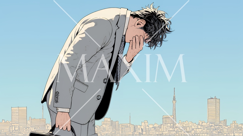 ミスやトラブルを反省してうなだれるビジネスマン｜落ち込む会社員のビジネスイメージイラスト