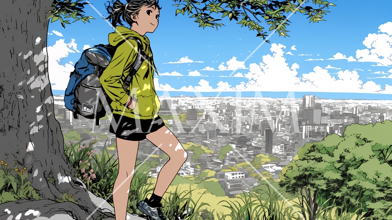 都会近くの低山に一人でハイキングに来ている若い女性