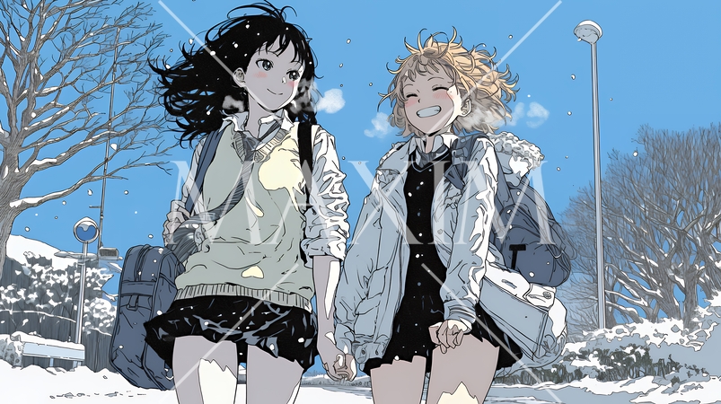 雪の日に友達と通学する女子高生