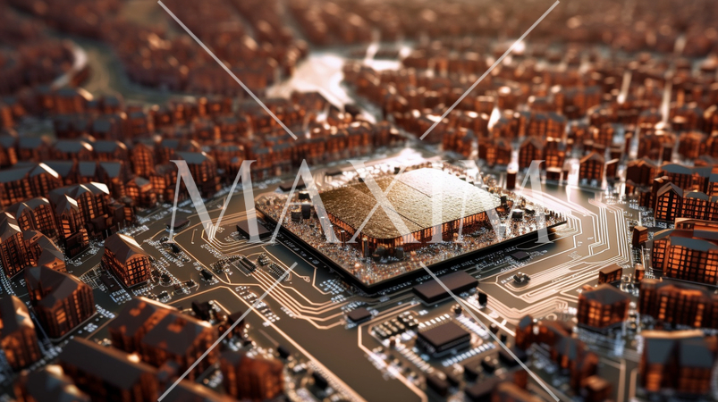 コンピュータ基板を擬似的に街並みに見立てたイメージ背景画像：精緻CG画像