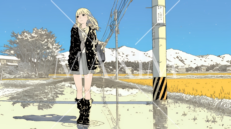 雪解けでぬかるんだ道を歩く若い女性