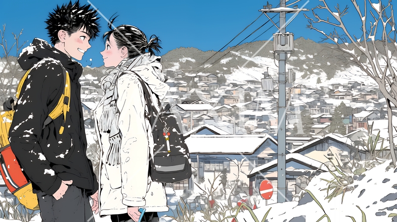 冬枯れ街をデートしている若い恋人たち