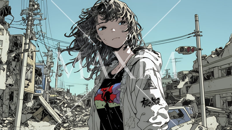 震災や空爆などで破壊された街で孤独に立ちすくむ若い女性