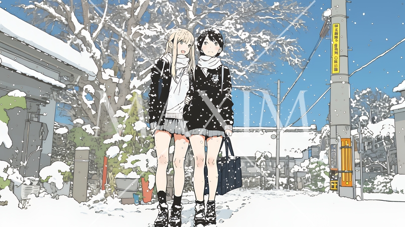 雪の日に友達と通学する女子高生