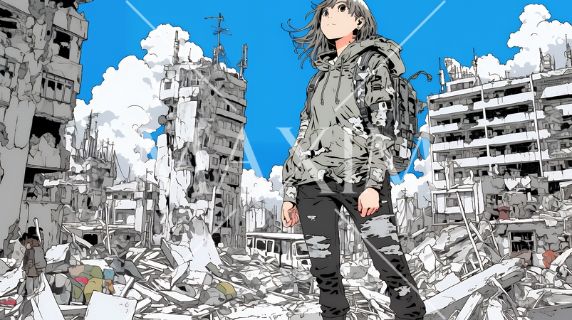 震災や空爆などで破壊された街で孤独に立ちすくむ若い女性