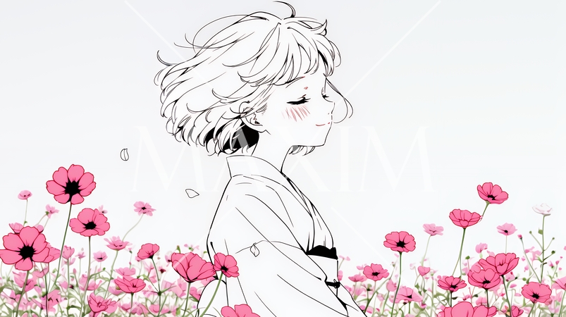 コスモス畑にいる若い女性（シンプルな色使い）