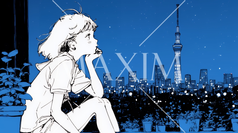 ベランダで夜風に当たりながら都会のランドスケープを眺め休む若い女性（シンプルな色使い）