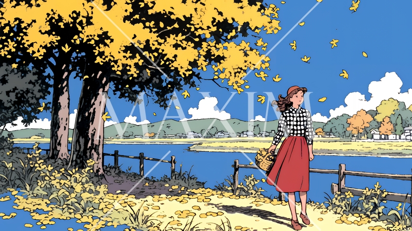 水辺の紅葉の小径を散策している若い女性