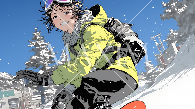 スノーボードを楽しんでいる若い女性