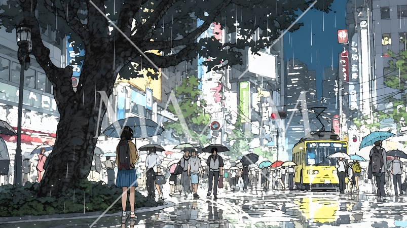 雨の中、黙々と通勤・通学をする人々