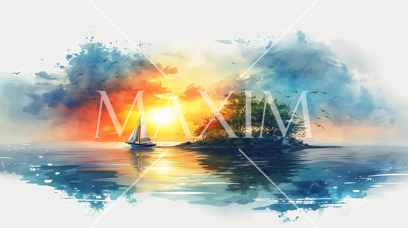 南洋の孤島とヨットと夕日：水彩画