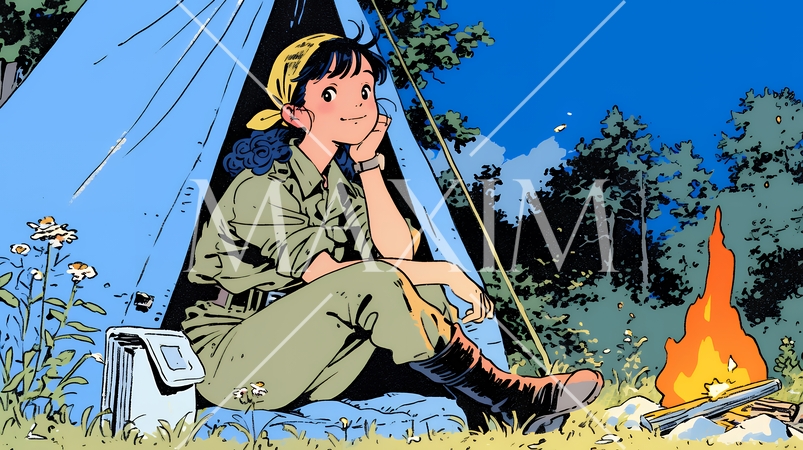 ソロキャンプを楽しんでいる若い女性