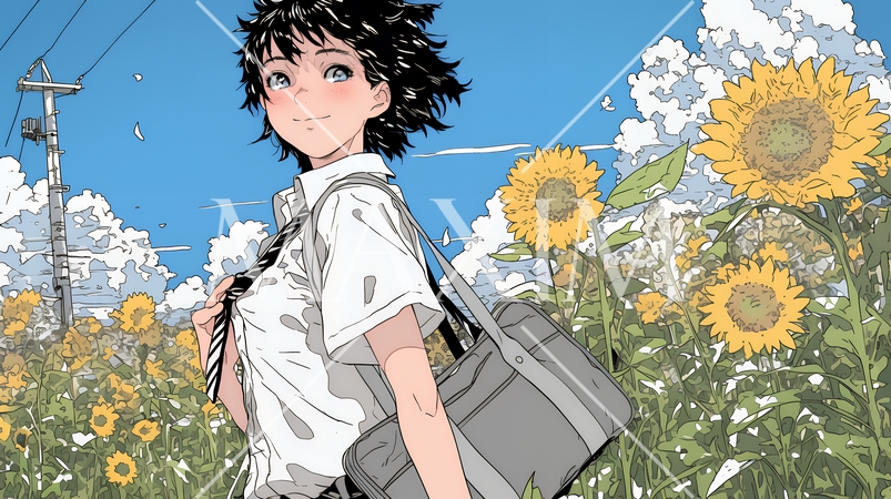 真夏の青空のもと、ヒマワリ畑を散策している若い女性