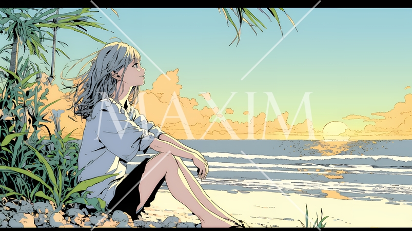 のんびり・ゆったり：夏のビーチで夕日を眺める若い女性