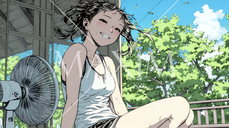 暑い夏の昼下がり、扇風機にあたって涼んでいる若い女性