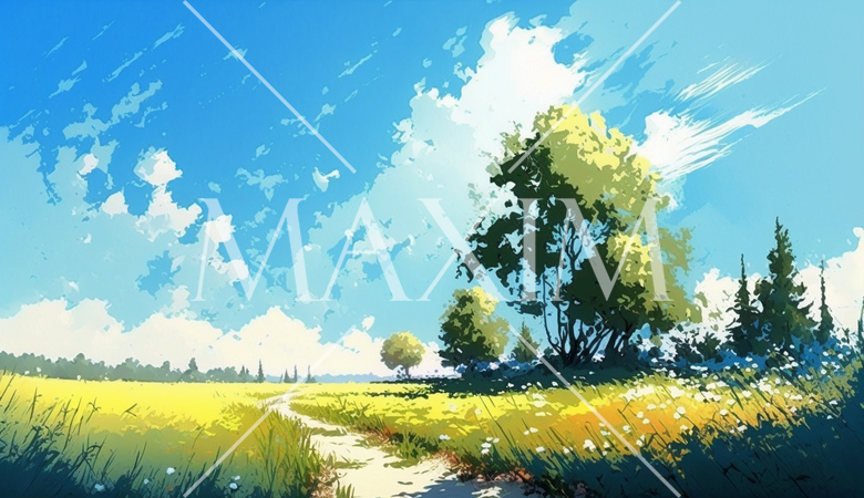 草原と青空を水彩画で表現