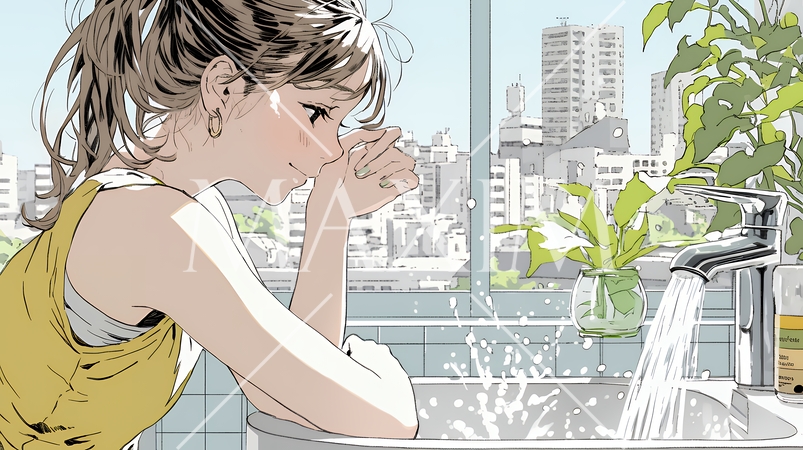 洗面所で朝の洗顔をする女性