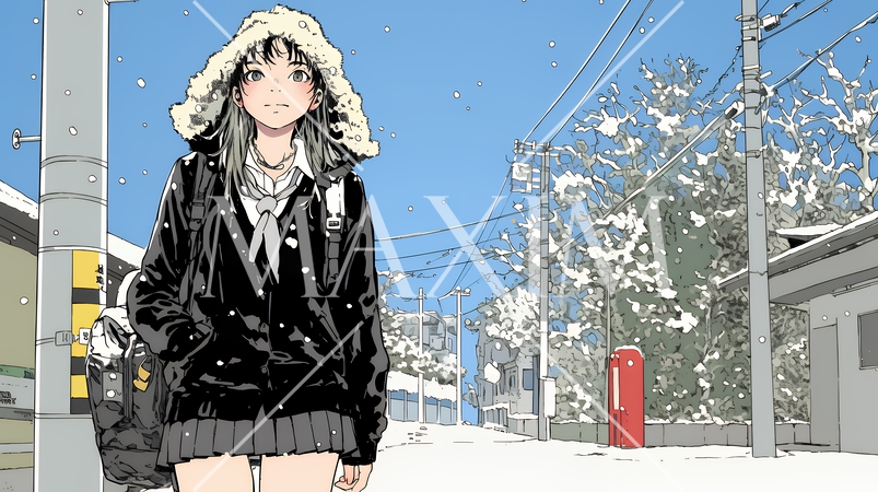 雪の日に通学する女子高生