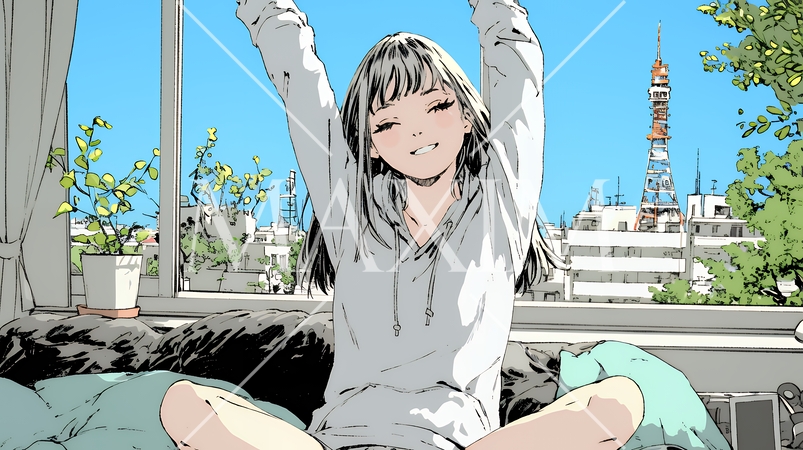 朝の目覚ましを止めて伸びをしている若い女性