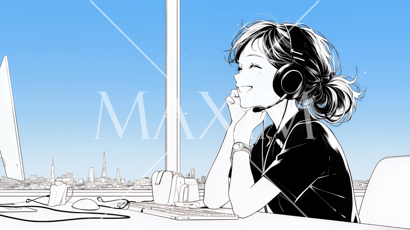 近代的なコールセンターのオフィスで働く女性オペレーター（シンプルな色使い）