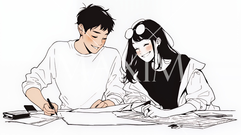 仲良く二人で旅行の計画を立てている若いカップル（シンプルな色使い）