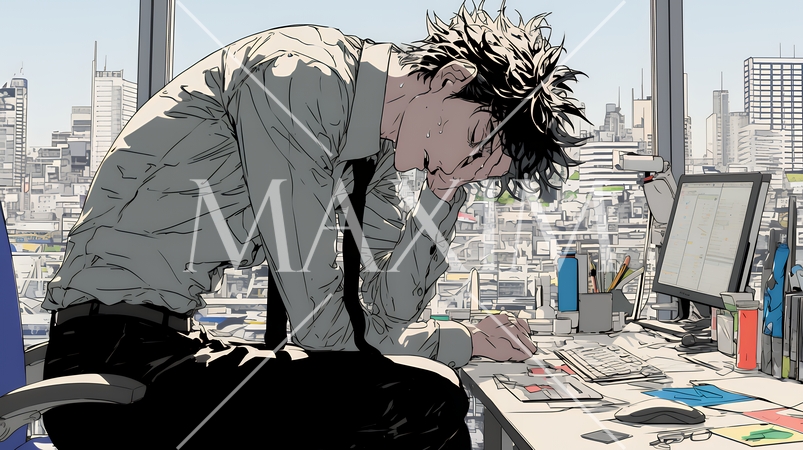 疲れ切った様子でオフィスデスクでため息をついているビジネスマン