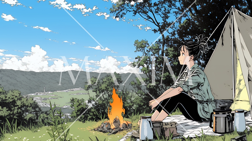 ソロキャンプを楽しんでいる若い女性