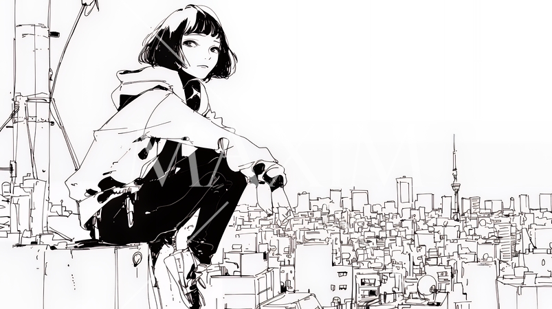 若い女性が佇む都市の街角（シンプルな色使い）