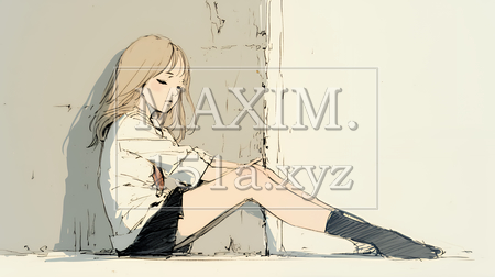 寂しそうに壁に寄りかかる女の子｜孤独と哀愁を感じる女性の人物イラスト（イラストID:3936612-18127）