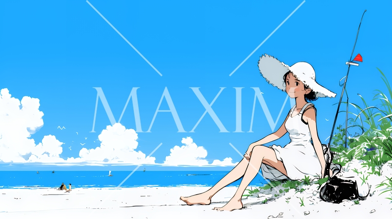 一人旅の若い女性と夏のビーチの風景（シンプルな色使い）