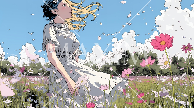 コスモス畑にいる若い女性