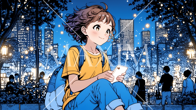 外出中にスマートフォンをいじくっている若い女性