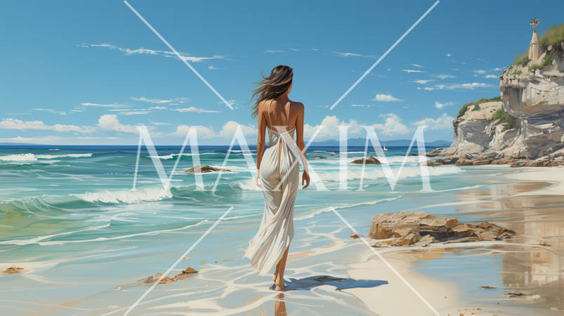 南国の青い空の下、美しい浜辺を歩く若い女性：水彩画