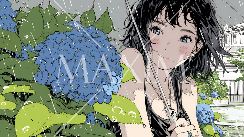 アジサイと梅雨の長雨と若い女性