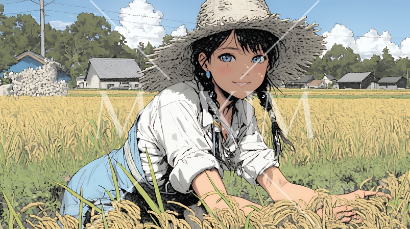 田んぼで農作業をしている女性