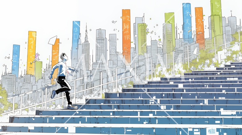 棒グラフの都会の町並みを駆け抜けるビジネスパーソン
