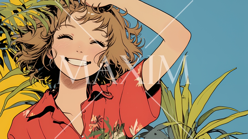 沖縄のかりゆしファッションを着て笑顔いっぱいの若い女性