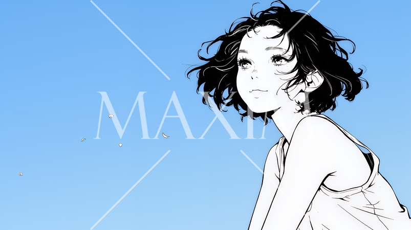 ぼんやり空を見上げている若い女性（シンプルな色使い）