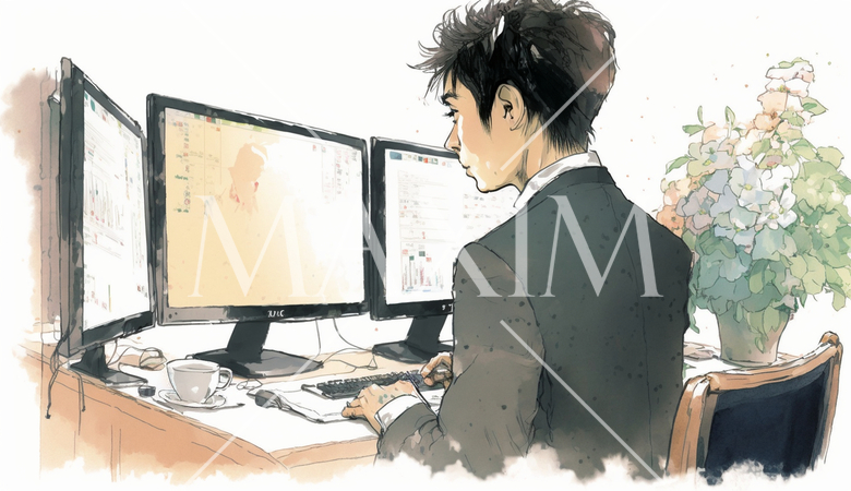 デスクに向かって取引画面を操作する男性トレーダーの横顔。